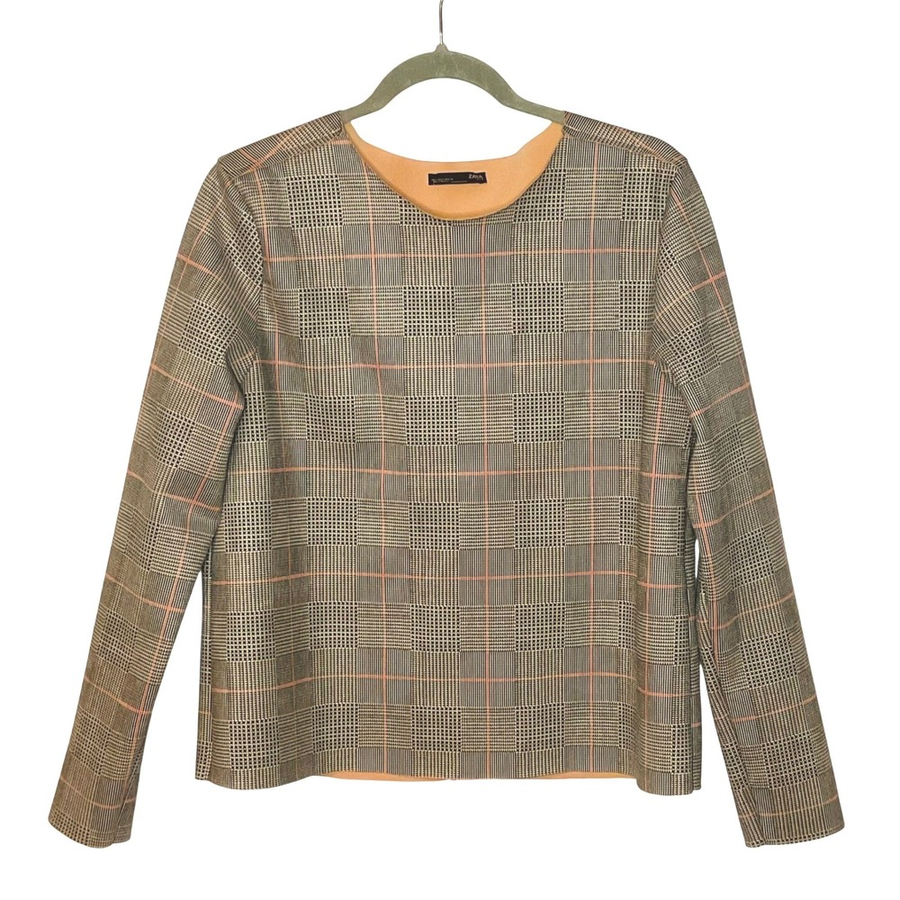 ZARA Womens Glen Plaid Blouse Long Sleeve Peach Trim Work Office Top Large Soft